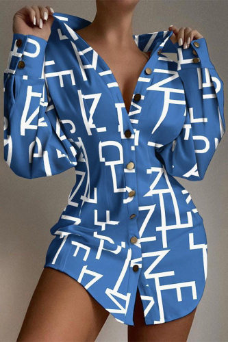 Blue Sexy Casual Elegant Print Solid Patchwork Buttons Shirt Collar Waist Skirt Dresses