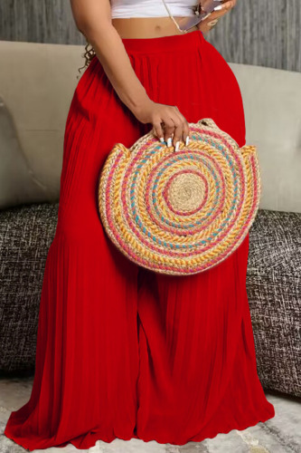 Red Casual Solid Patchwork Fold High Waist Straight Solid Color Bottoms