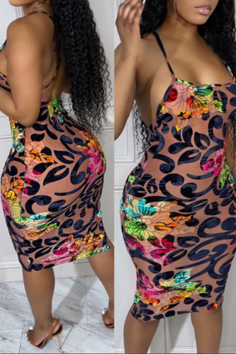 Black khaki Sexy Casual Street Floral Backless Mesh Spaghetti Strap Wrapped Skirt Dresses