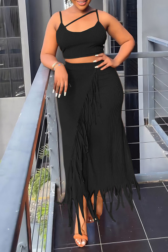 Black Sexy Solid Tassel Patchwork Spaghetti Strap Sleeveless Two Pieces