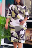 Army Green Casual Print Patchwork O Neck Straight Plus Size Dresses
