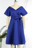 Royal Blue Elegant Solid Patchwork With Bow V Neck Evening Dress Dresses