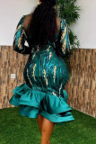 Green Party Solid Sequins Patchwork Flounce O Neck Bud Plus Size Dresses