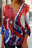 Red Blue Casual Flag Stars Print V Neck Three Quarter Sleeve Buttons Women's Blouse
