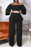 White Casual Solid Patchwork With Belt Off the Shoulder Long Sleeve Two Pieces(With A Belt)