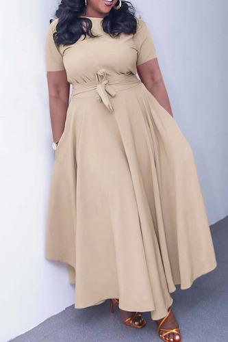 Khaki Casual Solid Bandage Patchwork Asymmetrical O Neck A Line Dresses