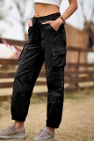 Black Casual Solid Draw String Regular High Waist Conventional Solid Color Trousers