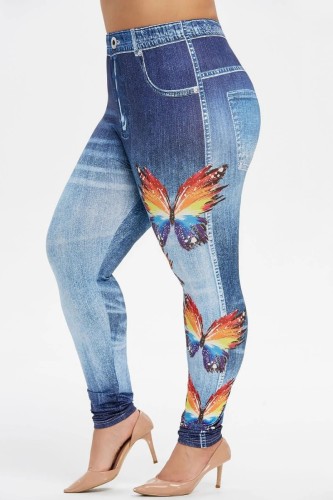 Blue Casual Print Basic Skinny High Waist Pencil Full Print Trousers