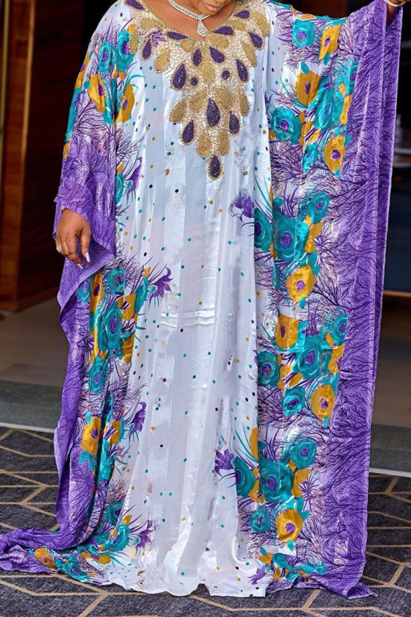 Purple Casual Print Sequins Patchwork V Neck Straight Dresses