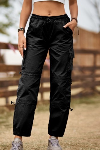 Black Casual Solid Draw String Regular High Waist Conventional Solid Color Trousers