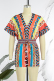 Gradient Color Casual Print Patchwork V Neck Straight Rompers