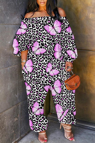 Purple Casual Print Basic Off the Shoulder Regular Jumpsuits