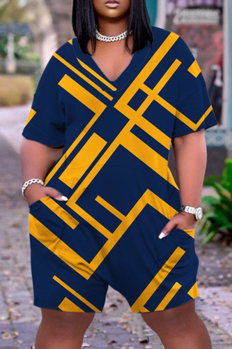 Tibetan Blue Casual Print Basic V Neck Regular Rompers