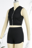 Black Casual Solid Basic Hooded Collar Sleeveless Two Pieces