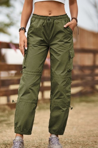 Army Green Casual Solid Draw String Regular High Waist Conventional Solid Color Trousers