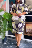 Army Green Casual Print Patchwork O Neck Straight Plus Size Dresses