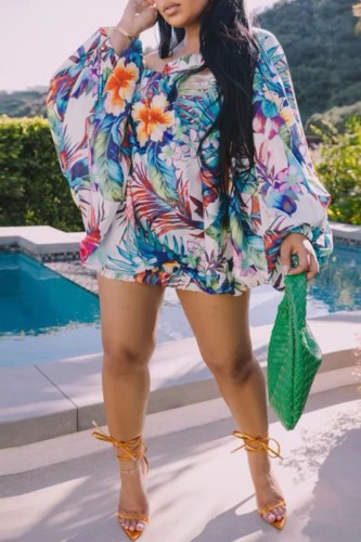 Multicolor Casual Print Backless Off the Shoulder Long Sleeve Dresses