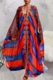 Blue Red loral Print Deep V Neck Long Sleeve Cardigan Vacation Beach Cover Ups