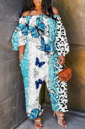 Light Blue Casual Print Basic Off the Shoulder Regular Jumpsuits