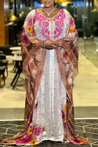 Pink Brown College Print Sequins Patchwork O Neck Straight Dresses
