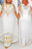 White Celebrities Solid Patchwork Hot Drill O Neck Long Dress Plus Size Two Pieces