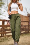 Army Green Casual Solid Draw String Regular High Waist Conventional Solid Color Trousers