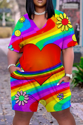 Multicolor Casual Print Basic V Neck Regular Rompers