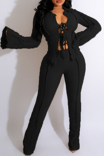 Black Sexy Casual Work Solid Patchwork Frenulum Turndown Collar Long Sleeve Two Pieces