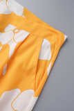 Yellow Casual Print Patchwork Cardigan Collar Three Quarter Three Pieces