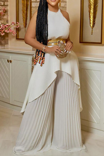White Casual Solid Patchwork Fold With Belt Asymmetrical O Neck Sleeveless Two Pieces(With A Belt)