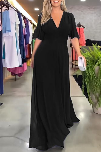 Black Casual Solid Patchwork V Neck Long Dress Dresses