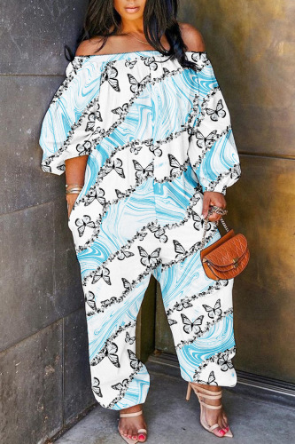 White Casual Print Basic Off the Shoulder Regular Jumpsuits