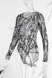 Black Sexy Print Patchwork See-through O Neck Skinny Bodysuits