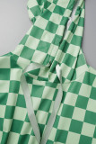 Green Casual Plaid Print Basic Hooded Collar Half Sleeve Two Pieces