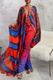 Blue Red loral Print Deep V Neck Long Sleeve Cardigan Vacation Beach Cover Ups