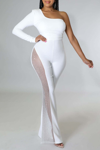 White Sexy Casual Elegant Solid Patchwork Mesh Hot Drill Oblique Collar Regular Jumpsuits