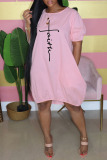 Pink Casual Print Patchwork O Neck Lantern Skirt Plus Size Dresses