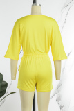 Yellow Casual Solid Bandage Patchwork V Neck Straight Rompers