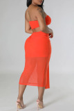 Orange Red Sexy Solid Patchwork Strapless Sleeveless Two Pieces