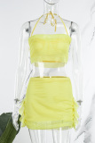 Yellow Sexy Solid Bandage Patchwork Backless Spaghetti Strap Sleeveless Two Pieces