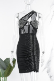 Black Sexy Party Solid See-through Fold Hot Drill Solid Color One Shoulder Wrapped Skirt Dresses
