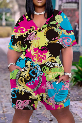 Rose Red Casual Print Basic V Neck Regular Rompers