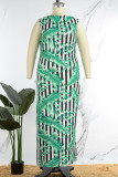 Green Sexy Print High Opening Basic O Neck Printed Dress Plus Size