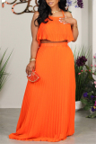 Orange Casual Vacation Simplicity Solid Solid Color Pleated Halter Sleeveless Two Pieces