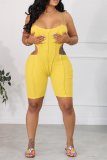 Yellow Sexy Simplicity Solid Hollowed Out Patchwork Solid Color Spaghetti Strap Skinny Jumpsuits