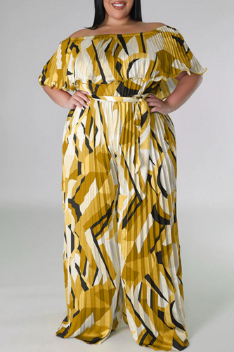 Gold Casual Print Patchwork Fold Off the Shoulder Plus Size Jumpsuits