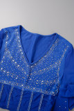 Blue Sexy Party Solid Tassel See-through Sequined Hot Drill V Neck Long Sleeve Two Pieces