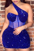 Blue Sexy Party Celebrities Solid Sequins Patchwork Oblique Collar One Step Skirt Dresses