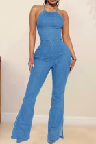 The cowboy blue Sexy Casual Street Solid Backless Slit Strap Design Halter Sleeveless High Waist Regular Denim Jumpsuits