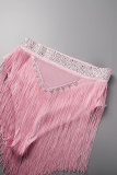 Pink Sexy Party Solid Tassel See-through Sequined Hot Drill V Neck Long Sleeve Two Pieces